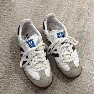 adidas White Sneakers with Black Stripes and Gray Suede Accents